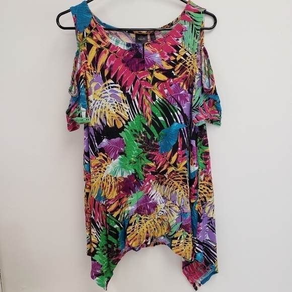 Rafaella Colorful Leaves Cold Shoulder Top Size Large - Picture 1 of 6